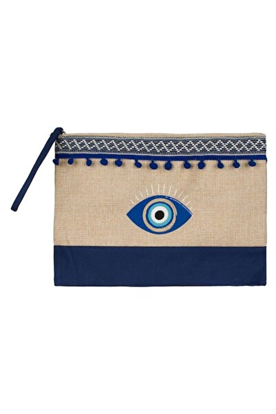 SHOPIENS Portfard textil de vara Shopiens®, bej cu fir auriu, dunga albastra,...