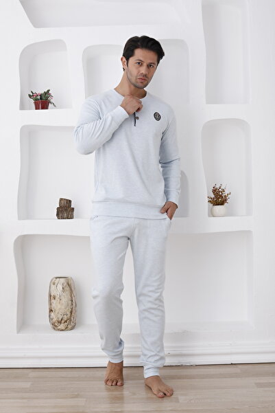 Lohussa Ανδρικό σετ πιτζάμες από 100% βαμβάκι, μακρυμάνικο, χοντρό χειμωνιάτικο, με κουμπιά, τσέπες και μανσέτες, γκρι μελανζέ