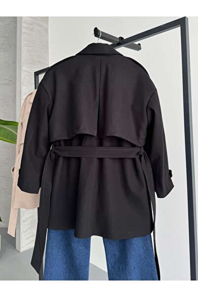 FERZOLAİO Oversize Siyah Kaşe Trençkot