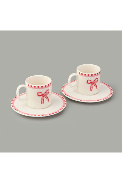 ASPARTAM Kitchen Ribbon 2-Piece Porcelain Coffee Cup Set - Pink / White - 110 ml