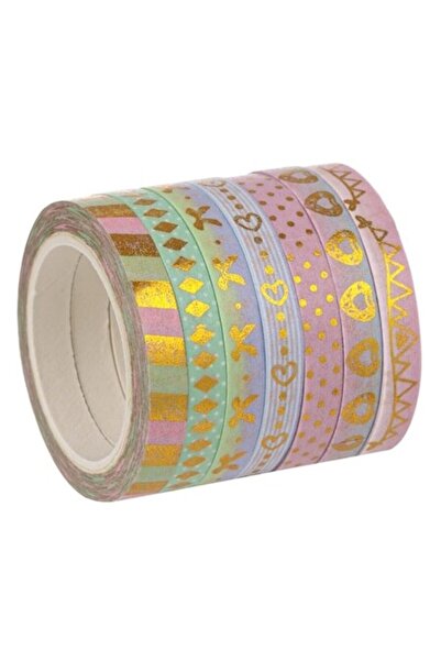 SHOPIENS Set 7 benzi adezive Washi, 0,5 cm x 5 m, design auriu cu motive past...