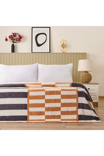 KUT FLY Soft Lemi Cotton Double Blanket - Mustard / Anthracite - 200X220 cm