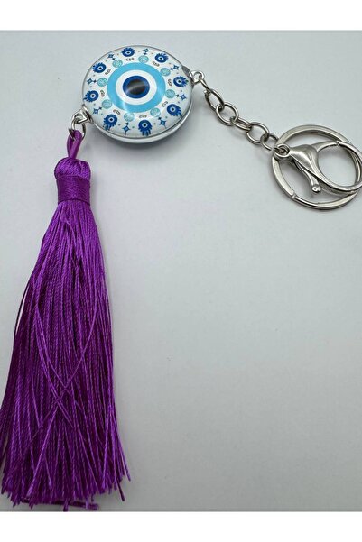 Herşey Nota سلسلة مفاتيح مزينة بشراشيب أرجوانية مع شكل العين الشريرة - تصميم هدية أنيق وحامي
