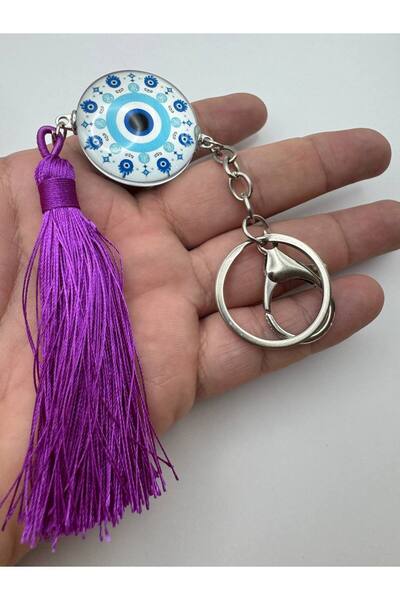 Herşey Nota سلسلة مفاتيح مزينة بشراشيب أرجوانية مع شكل العين الشريرة - تصميم هدية أنيق وحامي