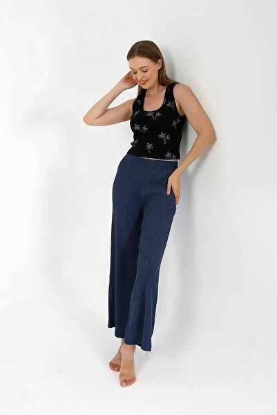 emosavm Fashion Women's Thick Strap Bodysuit Wide Leg Pants 2-Piece Set Black