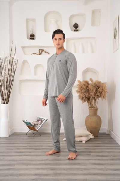 Lohussa Men's Plus Size Gray Classic Long Sleeve Buttoned Pocketed 100% Cotton Seasonal Pajama Set