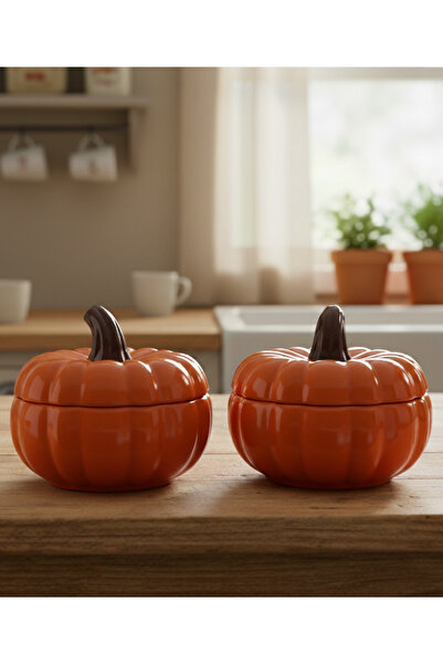 Minole وعاء تخزين مصنوع يدويًا من السيراميك البرتقالي على شكل يقطين، مكون من قطعتين، مزخرف - بمقبض بني