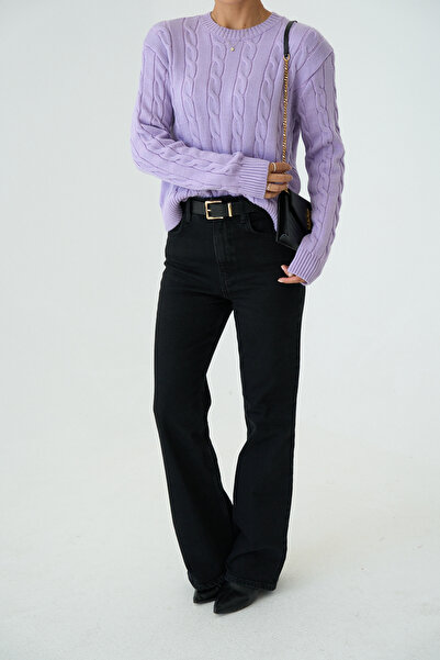 LOOSH Kadın Lila Bisiklet Yaka Saç Örgülü Triko Kazak