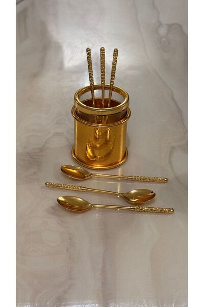 ALMASA 6حبات ملاعق سكر مغ حامل ملاعق ذهبي