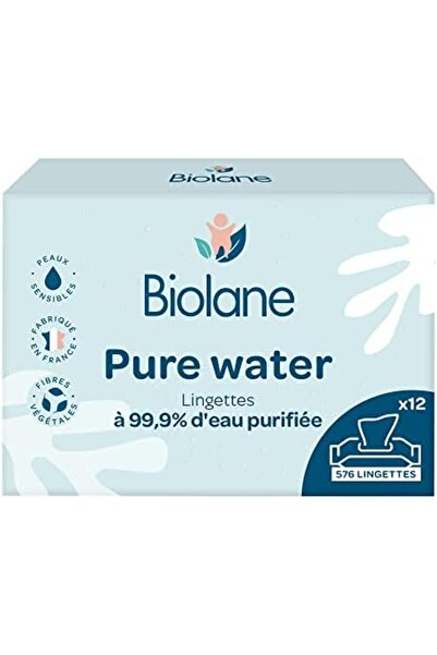 Biolane - Baby Wipes with 99.9% Water - Pure Water - Pack of 12 x 48 (576 Wipes) - For Sensitive Ski