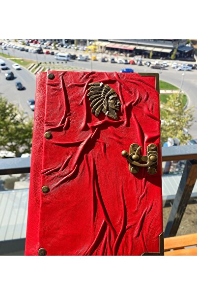 DURKHEİM Kızılderili Figürlü Kilitli %100 Deri El Yapımı Ajanda | Hatıra | An...