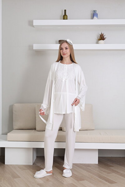 Lohussa Women's Ecru Lace Detailed Short Sleeve Special Design Maternity Pajama Set