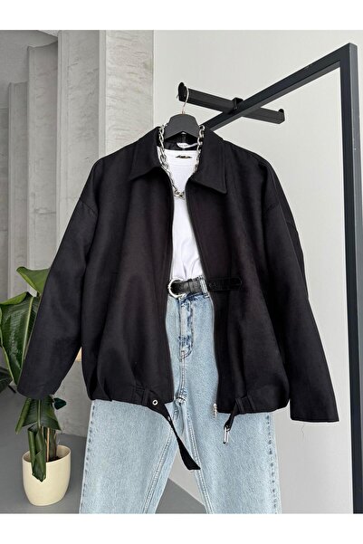 FERZOLAİO سترة بومبر من جلد الغزال الأسود مع حزام