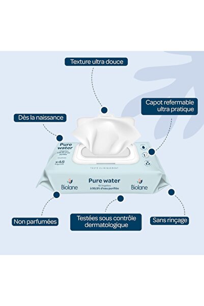Biolane - Pure Water Cleansing Baby Wipes - Pack of 3x48 (144 Wipes)