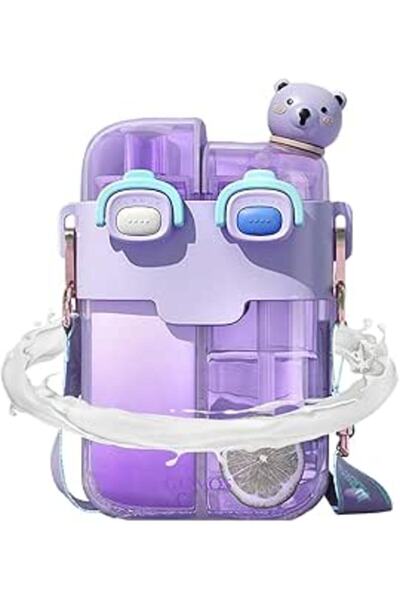 Generic زجاجة مياه بلاستيكية لطيفة، 780 مل، زجاجة شرب مزدوجة الاستخدام برسومات كرتونية مع كوب مزدوج، محمولة مانعة للتسرب