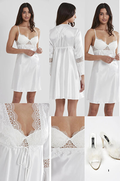 Mavelle 6-Piece Bridal Dowry Set Satin Nightgown Dressing Gown Pajama Set Shorts Set with Slippers as a Gift