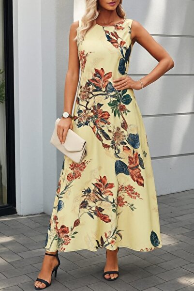 Bijuterria Equri̇ Women's Strappy Round Neck Pocket Patterned Single Jersey Dress