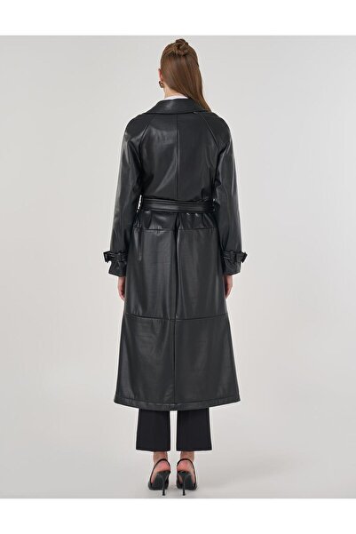 Kayra Dikiş Detaylı Suni Deri Trençkot Siyah