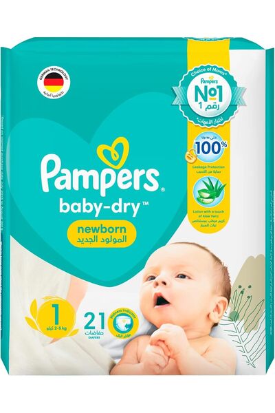 Pampers Baby-Dry Newborn Taped Diapers with Aloe Vera Lotion, Size 1, 2-5kg, 21 Count