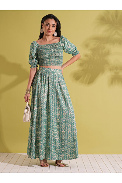 Globus By Styli Green Smocked Crop Top and Maxi Skirt Fusion Co-Ords