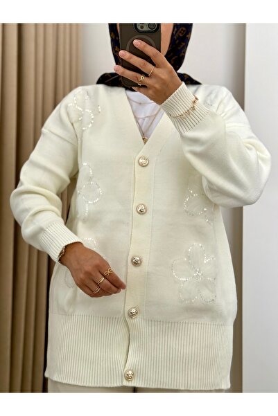 MERİÇ BOUTİQUE Tül Çiçekli Gold Düğmeli Çelik Örgü Hırka