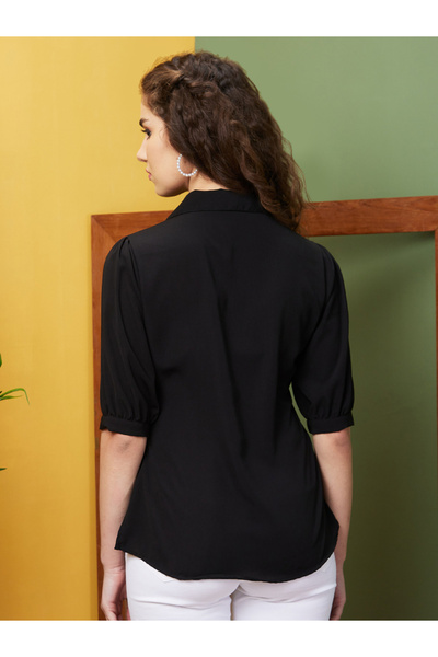 Globus By Styli Black Puff Sleeve Opaque Workwear Shirt