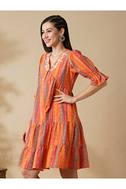 Globus By Styli Orange Striped V Neck Knee Length Dress