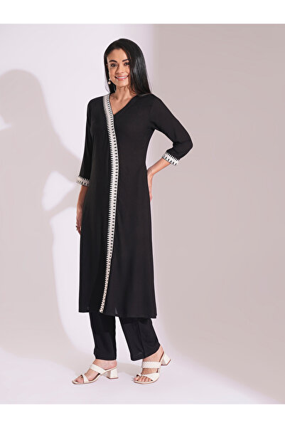 Globus By Styli Black Embroidered Detail A-Line Kurta and Pants Workwear Set