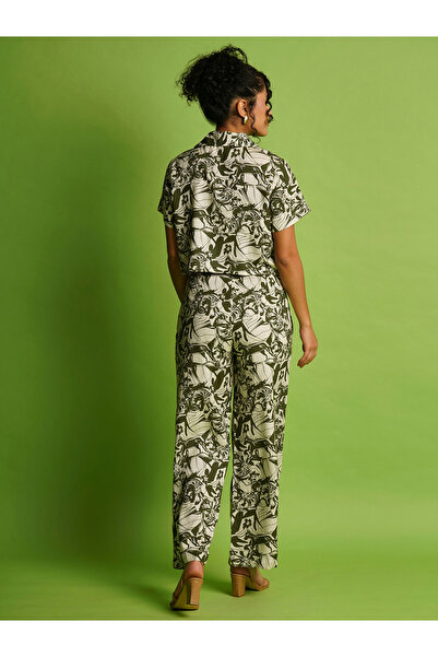 Globus By Styli Green Lapel Collar Crop Shirt and Trousers Co-Ords