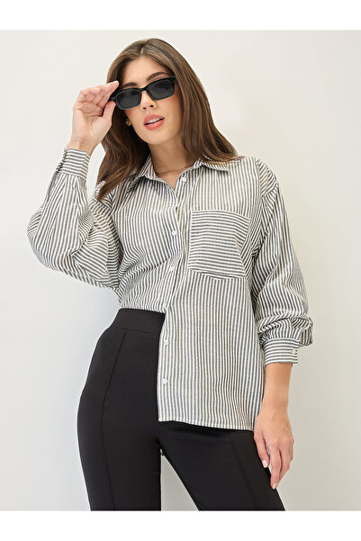 Globus By Styli Black Striped High-Low Hem Workwear Shirt