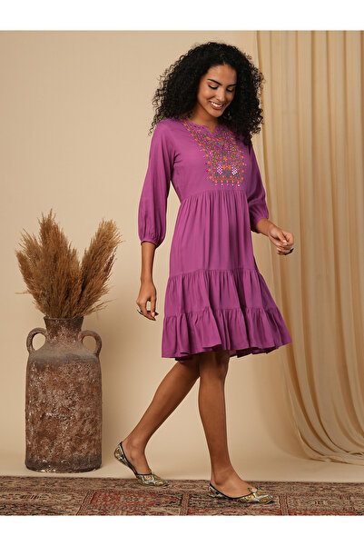 Globus By Styli Purple Embroidered Yoke Fusion Knee Length Dress