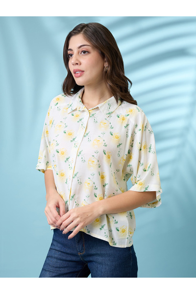 Globus By Styli Off White Floral Print Relaxed Fit Shirt
