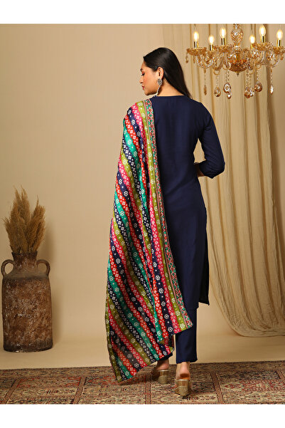 Globus By Styli Navy Embroidered Yoke Kurta, Pants and Bandhani Print Dupatta Set