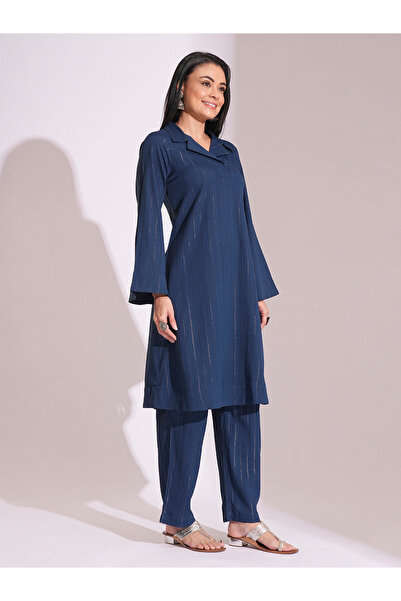 Globus By Styli Blue Shimmer Woven Design Kurta and Straight Pants Workwear Set