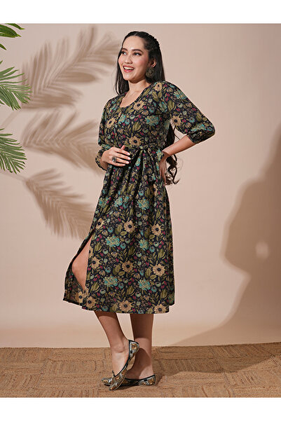 Globus By Styli Black Floral Print Waist Tie-Up Midi Dress