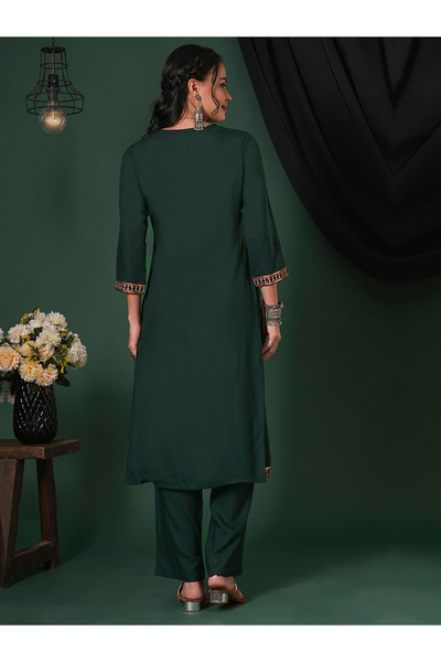 Globus By Styli Dark Green Sequined Embroidered Yoke Kurta and Pants Set