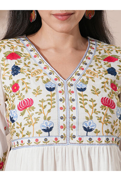 Globus By Styli White Embroidered Yoke Festive Midi Dress