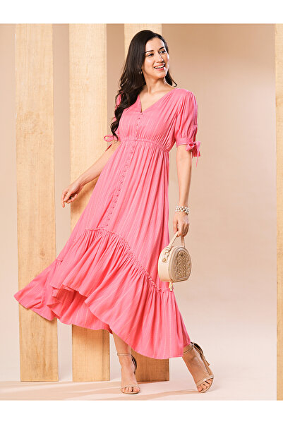 Globus By Styli Pink Self Design Tie-Sleeve Midi Dress