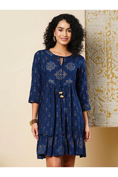 Globus By Styli Blue Ethnic Print Tassel Drawstring Mini Dress