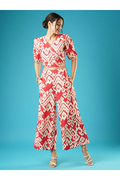 Globus By Styli Red Abstract Print Wrap Top and Palazzos Co-Ords