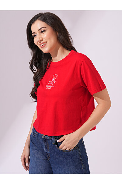 Globus By Styli Red Bear Embroidered Boxy Crop T-Shirt