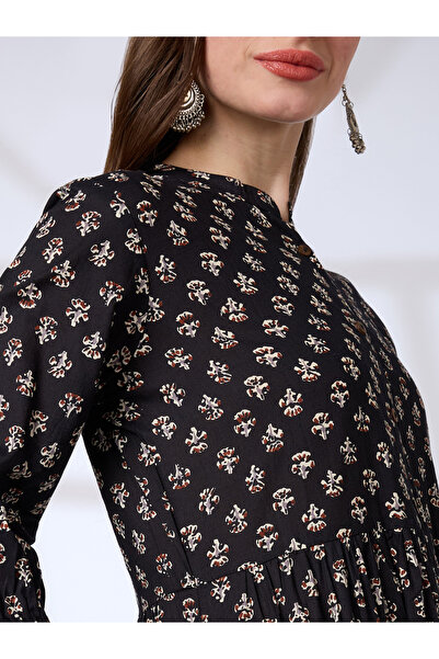 Globus By Styli Black Cotton Ethnic Print Workwear Maxi Dress