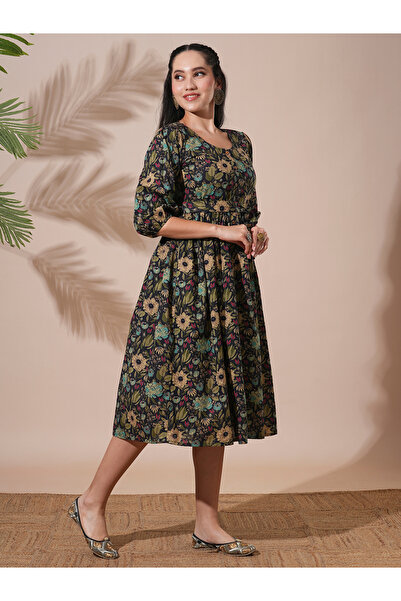 Globus By Styli Black Floral Print Waist Tie-Up Midi Dress