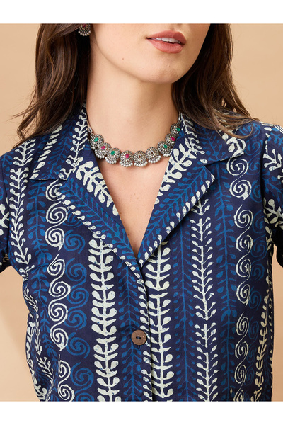 Globus By Styli Blue Ethnic Print Crop Shirt and Pants Co-Ords