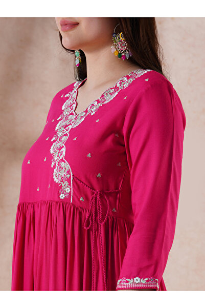 Globus By Styli Pink Embroidered Scalloped Festive Maxi Dress