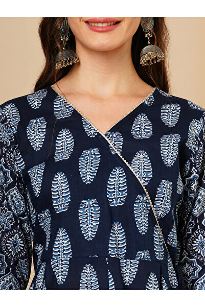 Globus By Styli Blue Ethnic Motif Wrap Kurta and Straight Trousers Festive Set