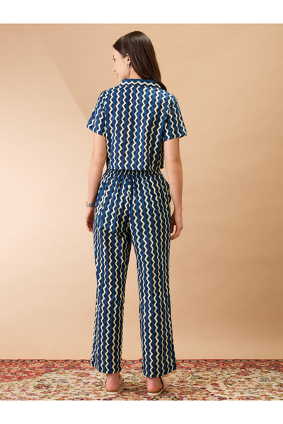 Globus By Styli Blue Chevron Print Crop Shirt and Pants Co-Ords