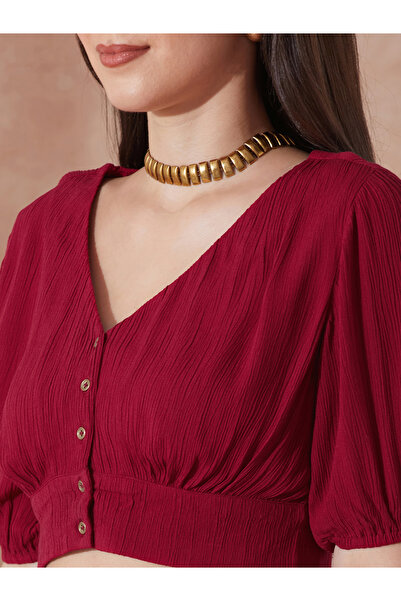 Globus By Styli Red Button Detail Crop Top and Wide Leg Trousers Co-Ords