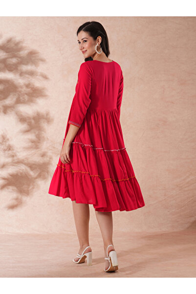 Globus By Styli Red Embroidered Yoke Alia Cut Tiered Mini Dress
