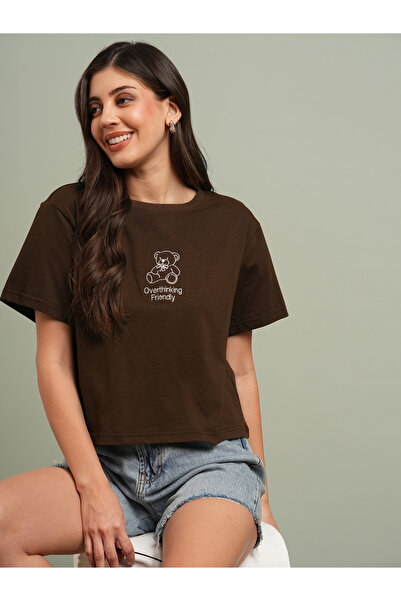 Globus By Styli تي شيرت قصير مطرز بدب بني